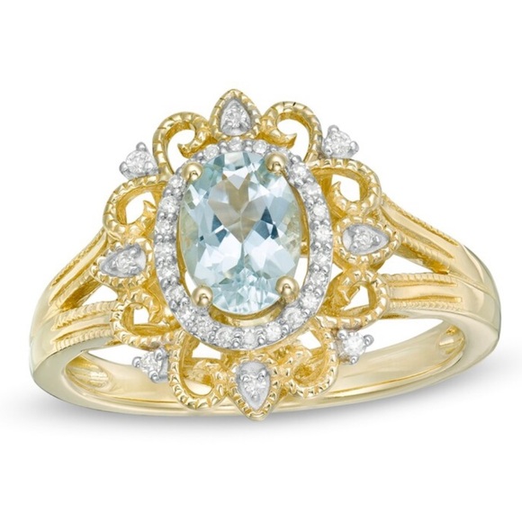 Zales Jewelry - Oval Aquamarine 1/10 CT. T.W.Diamond Frame Vintage-Style Ornate Ring in 10K Gold